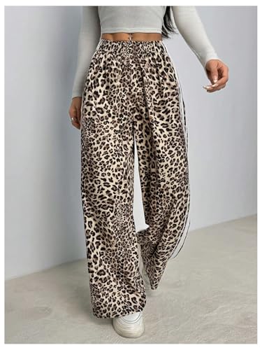GORGLITTER Women's Leopard Print Pants Striped Wide Leg Color Block Cheetah Print Baggy Track Pants Bottoms4