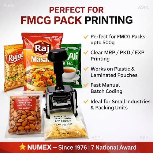 Image of NUMEX 2mm Batch Printing Machine (50-500g Model) | Manual Batch Coding Machine | Steel Body with Rubber Font | for Batch No, MFG /EXP Date & MRP Printing on Pouches
