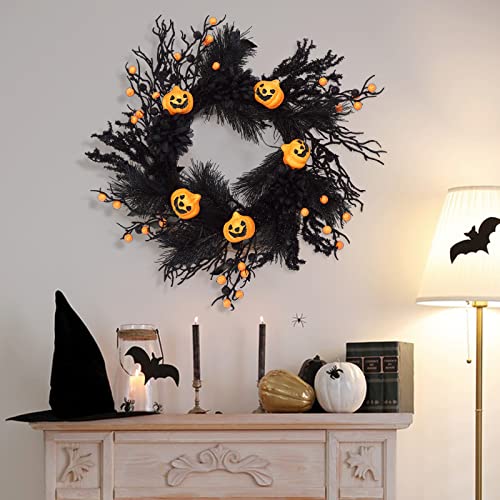 Adeeing 18” Halloween Door Wreath, Jack-O-Lantern Pumpkin Wreath With Black And Orange Berries Leaves And Jack-O-Lantern For Indoor Outdoor Window Proch Wall Hallowen Decorations #TOP4