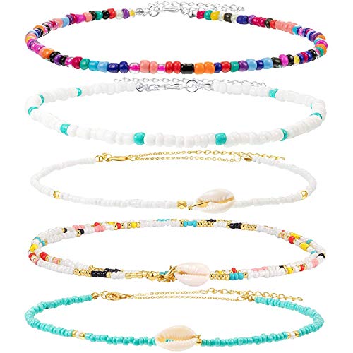 boogift 4 Pcs Gargantilla de Concha Perla Cuentas de Playa Gargantilla Ajustable de Concha Hecho de Mano Collar de Cuentas de Bohemia