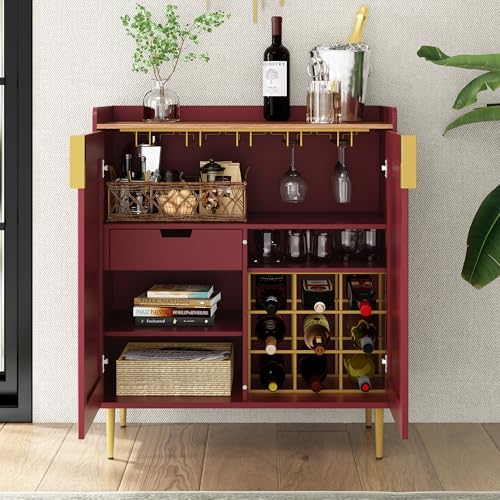 Image of ARTPOWER Coffee Bar Cabinet with Wine Rack&Glass Holder, Red