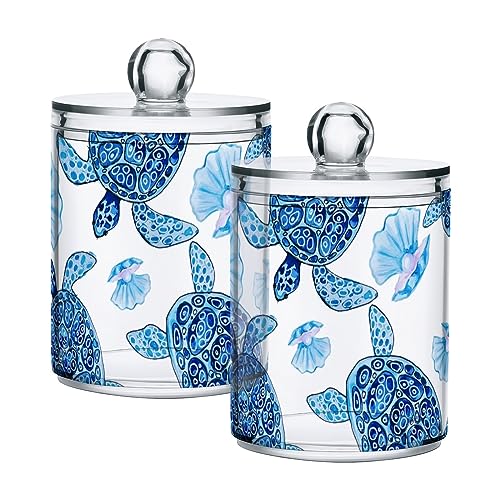 Wassud Qtip Holder Dispenser Apothecary Jars with Lids Blue Turtle Shell Clear Bathroom Container Cotton Swab Ball Holder 2 Pack