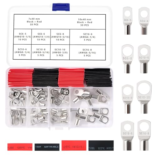 YIXISI 115 Stücke M5/M6/M8/M10 Ringkabelschuhe Set Röhrenförmige Batteriekabelenden Kupferkabelschuhe mit Schrumpfschläuche für Elektrokabel Silber