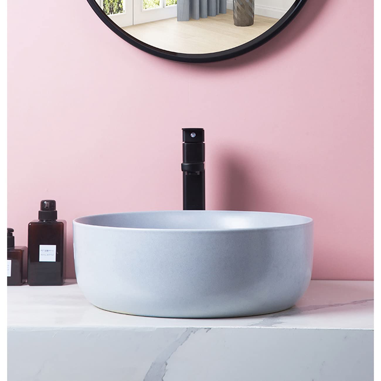 Umywalka Łazienkowa Nablatowa, Okrągła Porcelanowa Umywalka Artystyczna Z Czarnym Kranem I Odpływem, Ceramiczna Umywalka Nablatowa Do Łazienki W Barze