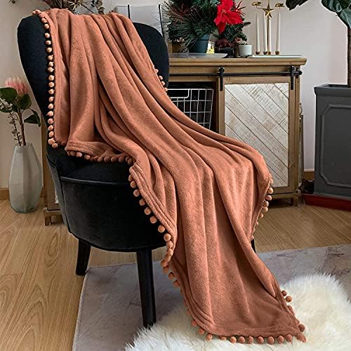 LOMAO Flannel Blanket with Pompom Fringe Lightweight Cozy Bed Blanket Soft Throw Blanket fit Couch Sofa Suitable for All Season . (Caramel, 130*160) (FB-3)