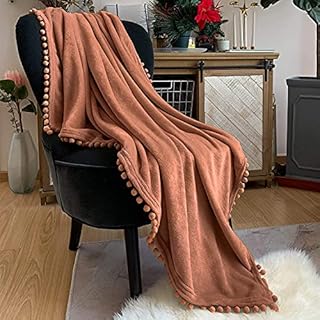 LOMAO Flannel Blanket with Pompom Fringe Lightweight Cozy Bed Blanket Soft Throw Blanket fit Couch Sofa Suitable for All Season . (Caramel, 130*160) (FB-3)