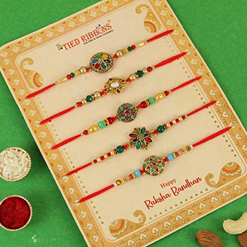 Image of TIED RIBBONS Rakhi for Brother Combo - Set of 5 Kundan Floral Rakhi for Brother Bhaiya Kids Boys Men Bhai with Tikka - Rakhi's for Rakshabandhan