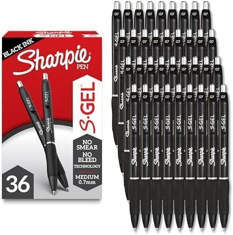 SHARPIE S-Gel Pens Black Medium Point 0.7mm | No Smear No Bleed | Contoured Rubber Grip | For Office | 36 Count, Pack of 6
