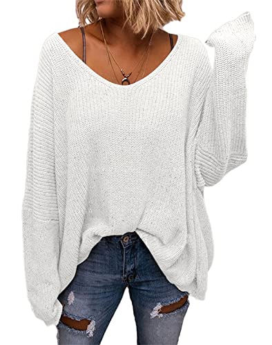 Image of BZB Women's V Neck Long Sleeve Knit Loose Oversized Pullover Sweater Top