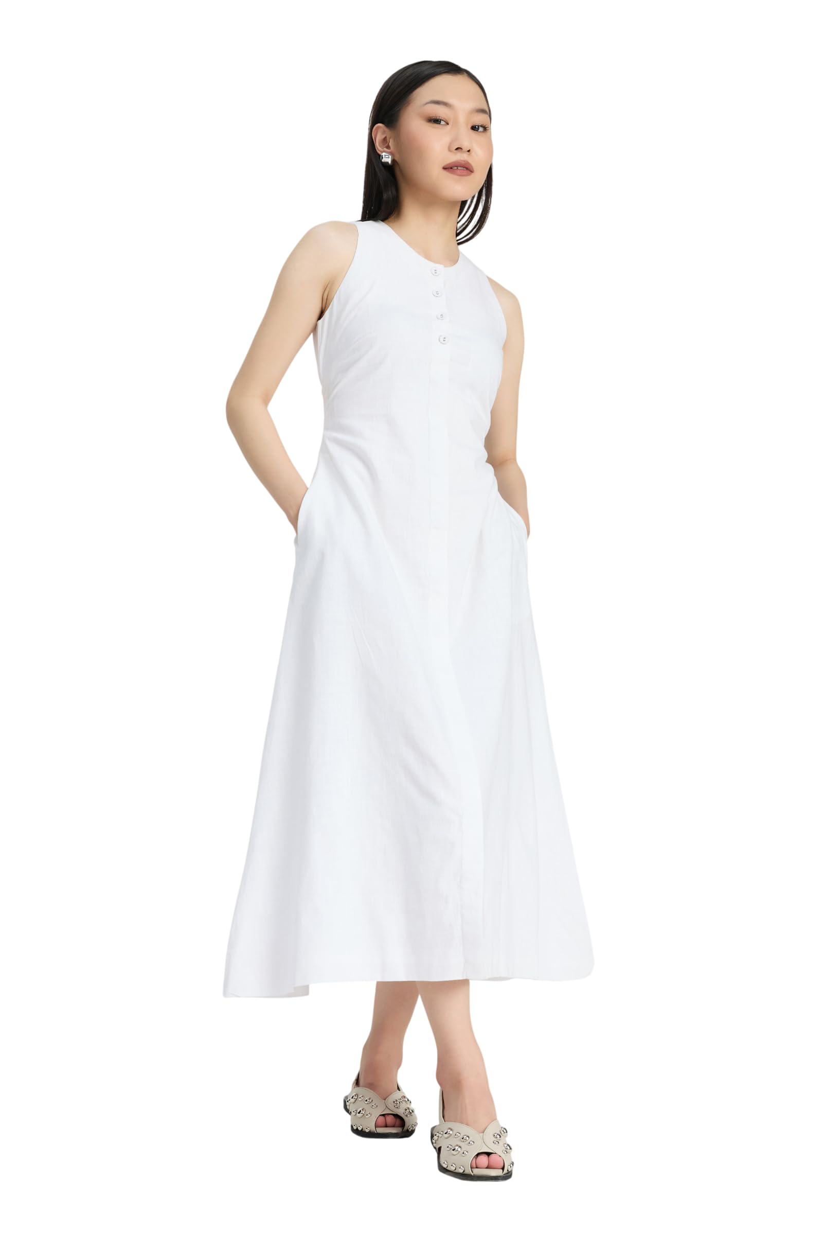 zlaata Women’s White Midi Dress | Sleeveless Round Neck, A-Line, Side Pockets, Office Wear Dress-picture-1