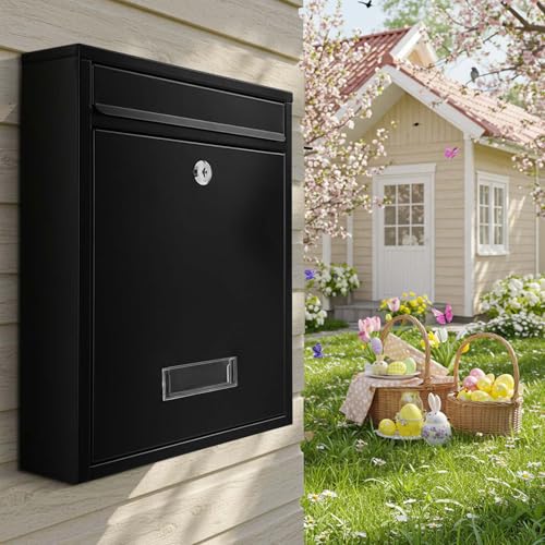Image of Yaocom Wall Mount Mailboxes for Outside 15.8 x 11 x 4.7 Inches Large Vertical Mailbox with Key Locking Outdoor Metal Steel Mail Drop Security Hanging Secure Postbox for Home Office School, Black