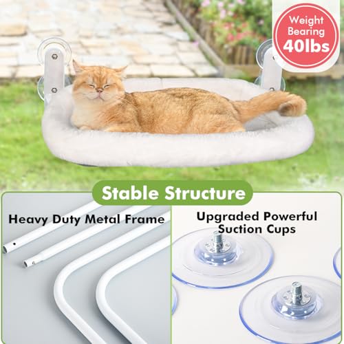 Image of Zoratoo 2PC Cat Window Perch with Bolster Cordless Cat Hammock Cushion Bed for Window with Metal Frame, Large Suction Cups Window Resting Seat for Indoor Cats (Cushion Bed White, 2PC)