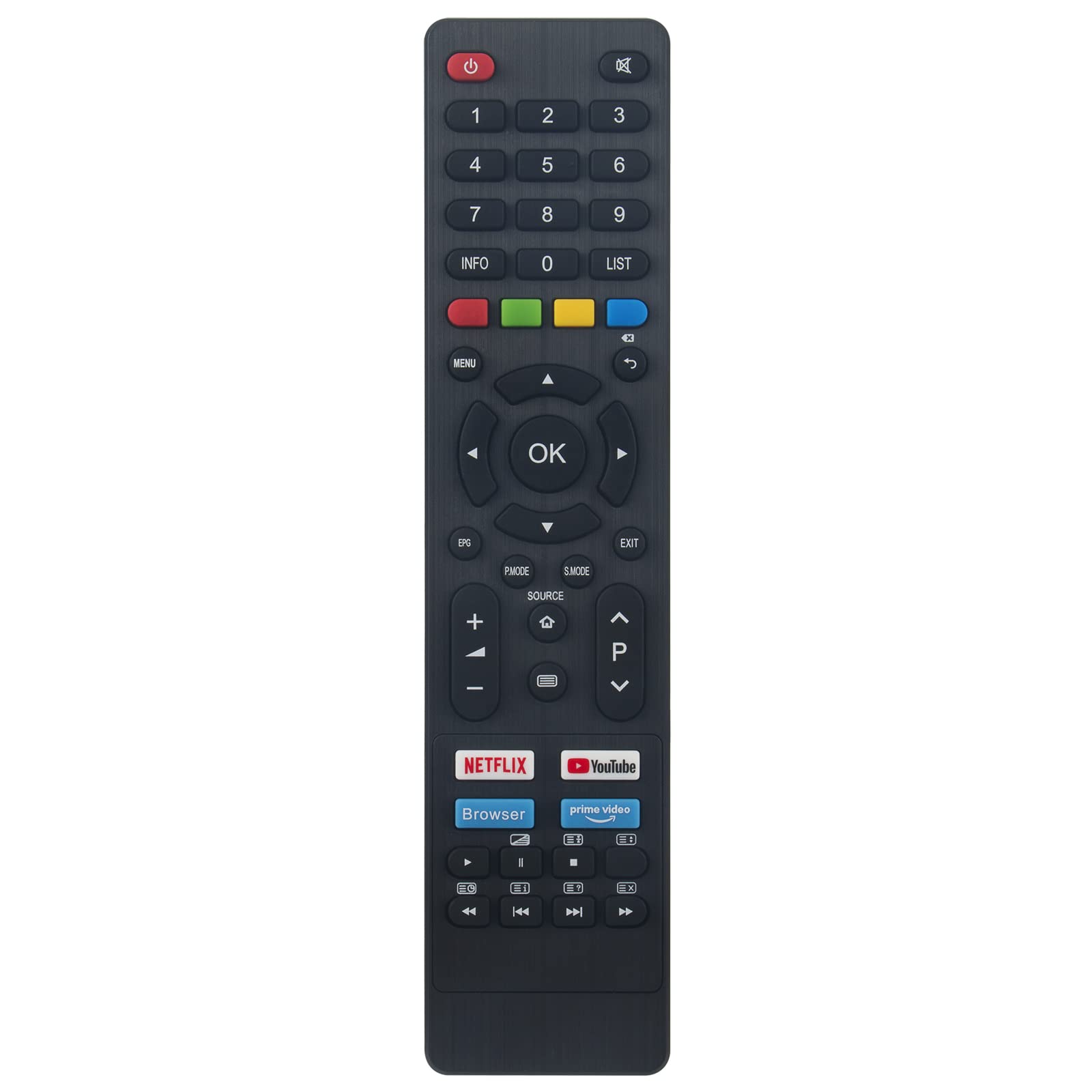 Front view of the VINABTY GCBLTV090DBIR universal remote control, showing all buttons and their labels.