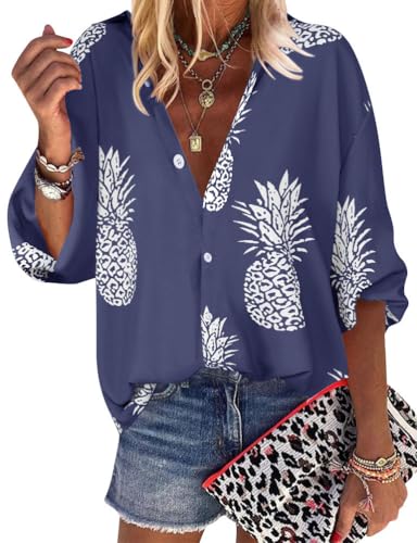 ZXZY Women Pineapple Printed Lapel Collar Half Sleeves Buttons Down Blouse Shirt