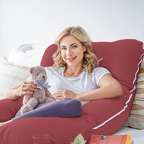Image of U-Shaped Sleeping Pregnancy Pillow| Removable Washable Cotton Cover with Zipper| PregnoCare Fibres| Maternity, Nursing| Full Body Soft Support Bump, Head, Back, Shoulder, Hips, Legs and Belly (Red)
