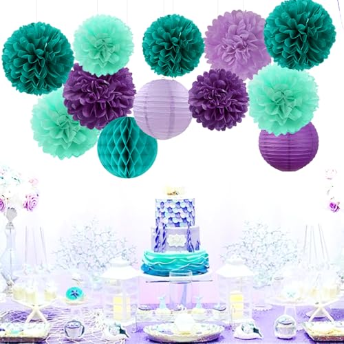 Image of Teal-Purple Party-Decorations Paper Flowers Lanterns - 15PCS Lavender Girl Mermaid-Birthday Tissue Pom Poms Streamers,Baby Bridal Shower Wedding Classroom Hanging Supplies Decor Hugfond