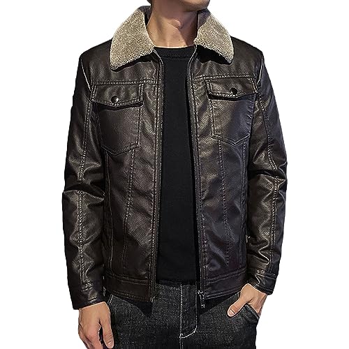 JEsilunmaMY Men's Fur Collar Casual Leather Jacket Flap Pocket Fleece Bomber Sherpa Coat Spring Fall Cropped Motorcycle Coat