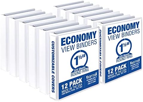 Samsill Economy 1.5 Inch 3 Ring Binder, Made in The USA, Round Ring Binder, Customizable Clear View Cover, White, 12 Pack (MP128557)