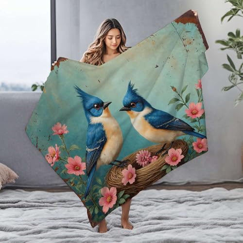 Couverture flanelle oiseaux bleus 150x200 plaid doux et chaud pour lit