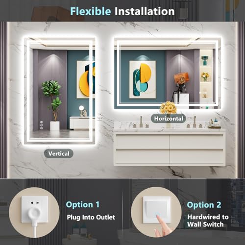 Image of 48x30 LED Bathroom Mirror with Lights, Backlit and Front Lit Anti-Fog Lighted Vanity Mirrors for Bathroom Wall, Dimmable, 3-Color Light, Memory, Shatter-Proof, HD Tempered Glass, CRI>90