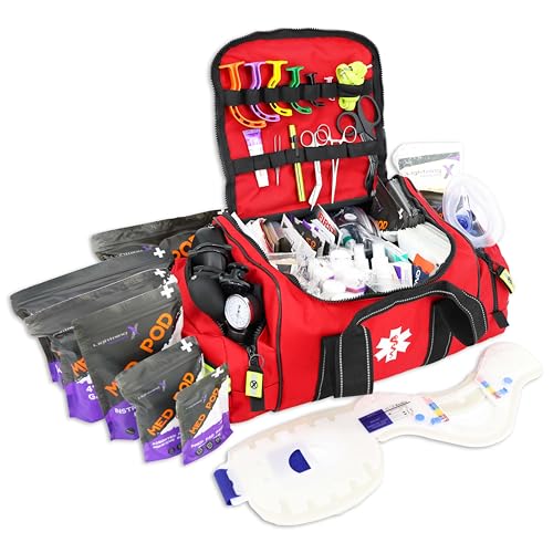 Lightning X Pre-Stocked EMS/EMT Trauma Kit w/Large First Responder Bag & 256 First Aid Medical Supplies - RED
