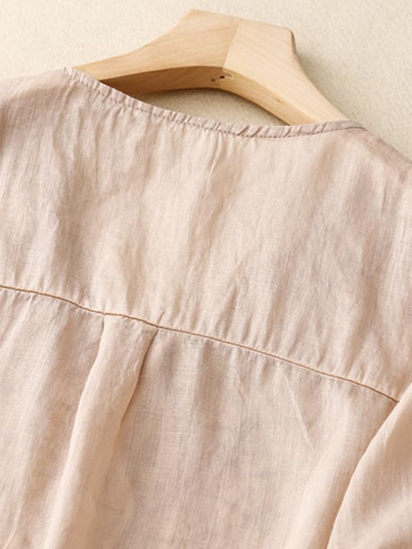 Image of RIEKA Womens Elegant Beige Floral Embroidered Tunic Top with Scalloped V Neck, Elbow Length Sleeves, Relaxed Fit, Lightweight, Casual Ethnic Style Top