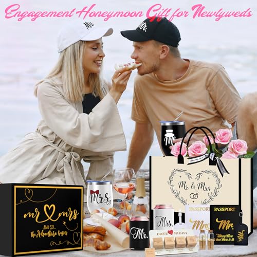 Wedding Gifts for Couple 2026, Personalized Mr & Mrs Gifts with 12 Oz Tumblers Hats Tote Bag Passport Holders Baggage Tags Dice for Honeymoon Travel, Engagement, Newlyweds, Bridal Shower, Anniversary - Image 3