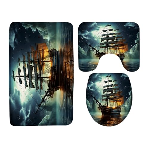 PZMPZM 3 Pcs Gothic Pirate Ship Bath Rugs Set,Nautical Vintage