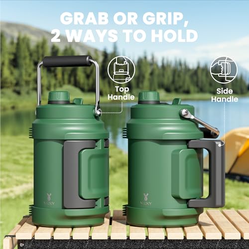 Image of 64 oz Insulated Water Bottle for Camping: Meoky Triple Wall Vacuum Stainless Steel Half Gallon Water Jug - Top and Side Handles, 2-in-1 Straw and Spout Lid, Cold for 36 Hrs, Leak Proof, BPA Free (Fir)
