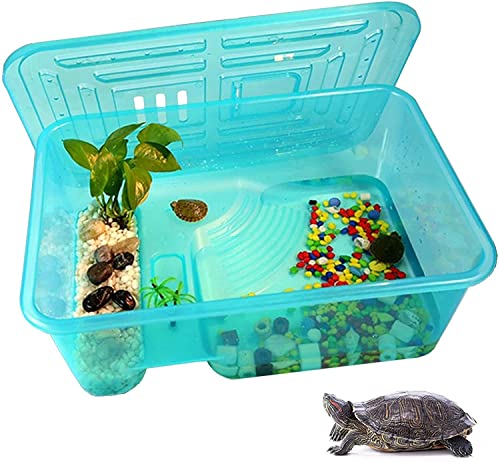Image of Pawing Turtle Aquarium Tank, Reptile Habitat, Terrapin Lake, Basking, Swimming, Breeding, Hibernation, Feeding, Platform for Tortoise, Crayfish Crab (2 Feet, Blue)