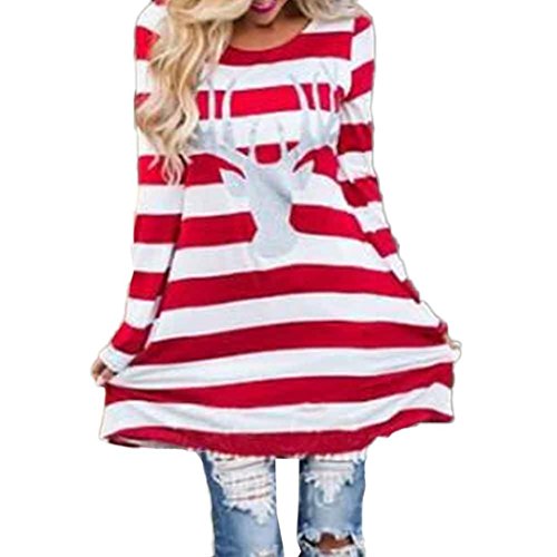 Sannysis Weihnachten Kleid Damen Parteikleid Streifen Kleid Round Collar Weihnachtskleid Elch Langarm Winterkleider Abendkleider Minikleid (3XL, Rot)