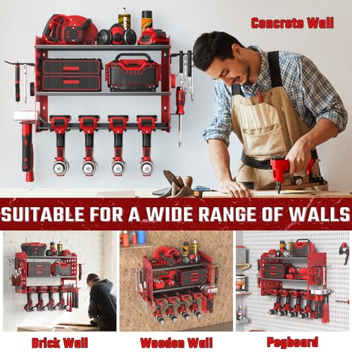 Image of SUNALLY Power Tool Organizer, Heavy Duty Wall Mount Tool Organizer 3 Layers with 4 Drill Holders, Garage Tools Storage Rack with 2 Side Pegboards and Hooks for Workshop, Shed, Red