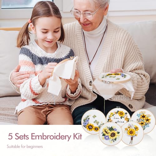 Image of 5 Pack embroidery kit for beginners Adults DIY Starter Kit,Sunflower Gifts for Women Cross Stitch Kits with Flower Stamped Patterns, Embroidery Hoop, Tools,Colorful Threads,Hand Craft Lover Gift