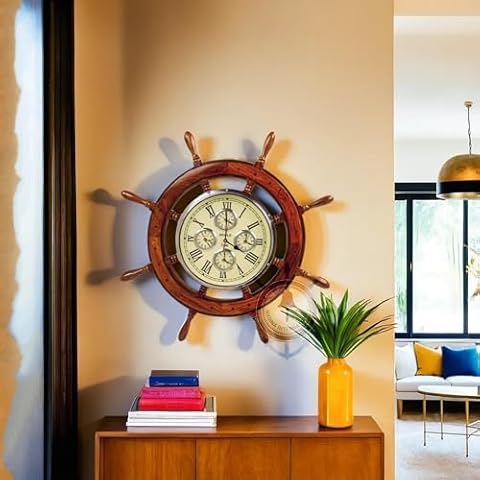 Nagina International 30" Premium Mahogany Crafted Large Nautical Ship's Wheel Times World Clock | Nautical Home Decor & Gifts (30 Inches, Rosewood) Cover