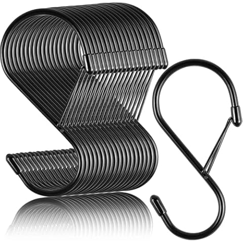 4 Inch S Hooks for Hanging with Safety Buckle, 20 Pcs Heavy Duty Metal S Hooks with Stopper Non Slip, Closet Hooks for Hanging Plants, Clothes, Kitchen Utensil, Pots, Pans, Bags (Black) Cover