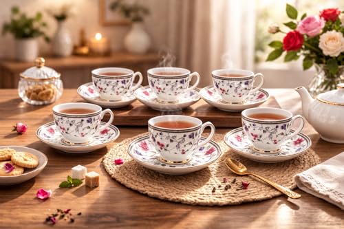 Image of Bone China Gold Line Flower Cup with Saucer Set of 12 Pcs | Tea /Coffee Cups 200 ml | Microwave & Dishwasher Safe | Bone-Ash Free | Crockery Set Gift Set Ideal for Daily Use