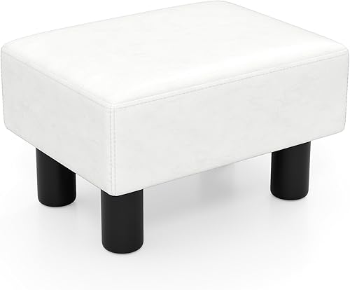 Giantex Reposapiés pequeño de piel sintética de 16 pulgadas, otomana rectangular moderna con asiento acolchado, patas de madera de plástico (blanco)