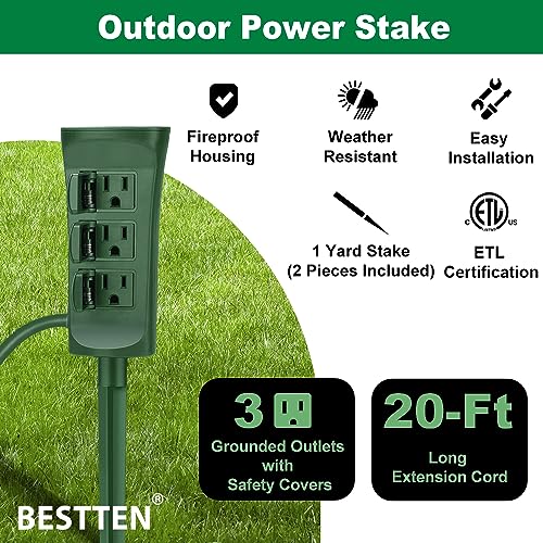 Bestten Outdoor Power Strip With 20-Foot Ultra Long Extension Cord, 3-Outlet Weatherproof Yard Power Stake With Protective Covers, Etl Certified, Green #TOP1