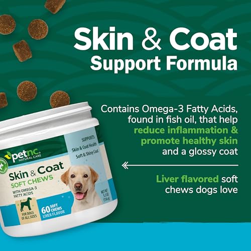 Petnc Natural Care Dog Skin and Coat Supplement (60 Chewables), With Omega 3, EPA & DHA, Promotes Healthy Skin & Glossy Coat, For Dogs 18 Weeks & Older, Liver Flavor