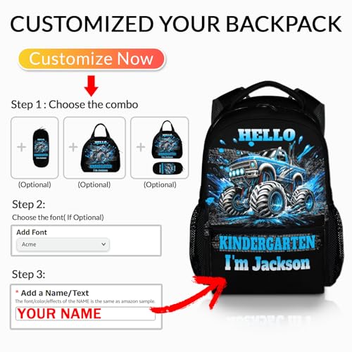 Boys Backpack for School, Personalized Truck Backpacks for Kindergarten Preschool, 17 Inches Custom Lightweight Car Bookbag Gift with Name for Kids Childrens Boys 3-62