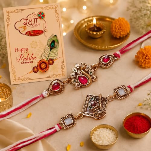 Image of Rakhi For Brother | Elegant Kundan Gold Plated Metal Rakhis For Brother Bhai Rakhi With Roli Chawal and Greeting Card (Set of 2 Rakhis)