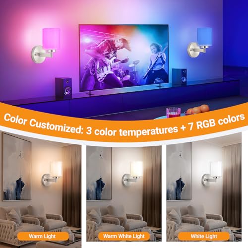 Image of Nekhung Battery Operated Wall Sconce Set of 2, Wireless Wall Sconce with Remote,10000mAh Rechargeable RGB Dimmable Bathroom Light Fixtures with Double Clear Glass Shade NOT Hardwired (Nickel)