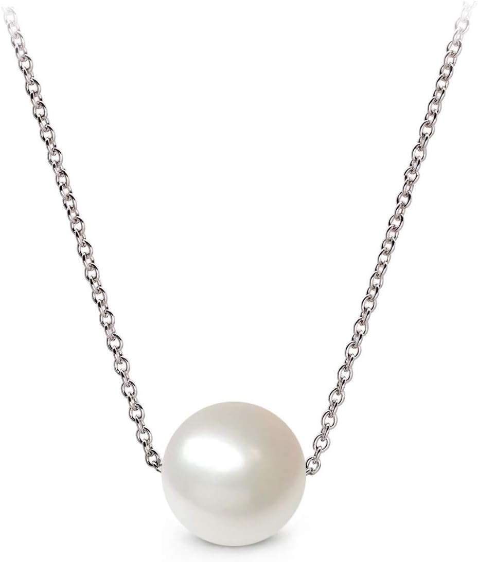 18" Japanese White Akoya Cultured Pearl Solitaire Necklace for Women AA+ Quality with Rhodium Plated Sterling Silver Chain