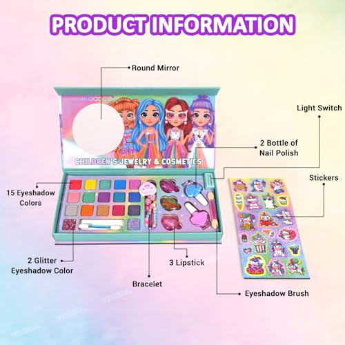 Image of VikriDA Kids Washable Makeup Kit, Fold Out Makeup Palette with Mirror, Make Up Toy Cosmetic Kit Gifts for Girls - Safety Tested- Non Toxic