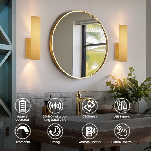 Image of Gold Wireless Wall Sconces Set of Two,3000K-6000K Dimmable Battery Operated Wall Sconce with Remote,USB Rechargeable LED Wall Lights for Living Room Bedroom Hallway