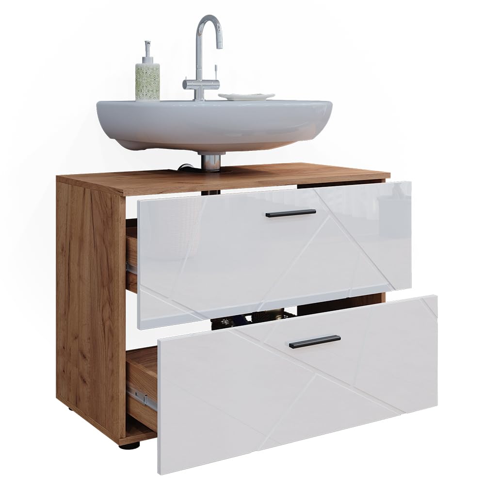 Vicco Mobile sottolavabo per bagno Irma Bianco lucido/Rovere 80x58.6 cm | adatto per l'installazione sopra il sifone con aperture di aerazione