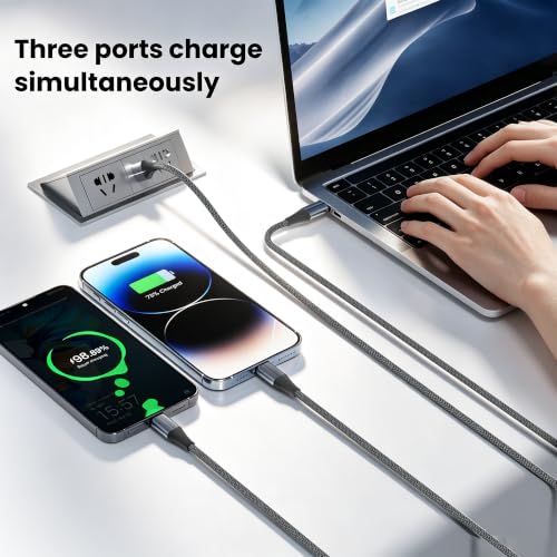 Image of FEEL2NICE 3 in 1 Multi Charging Cable, 3-Pack 6 FT Multiple Device Charger Cord with USB C, Lightning and Micro USB Plugs for iPhone 17 16 15 14, Android Phones and Tablets, Gray