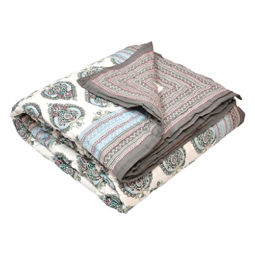 Image of BLOCKS OF INDIA Hand Block Printed Cotton King Size Quilt (90 Inch X 108 Inch) (King Quilt Grey Motifs), 300 TC