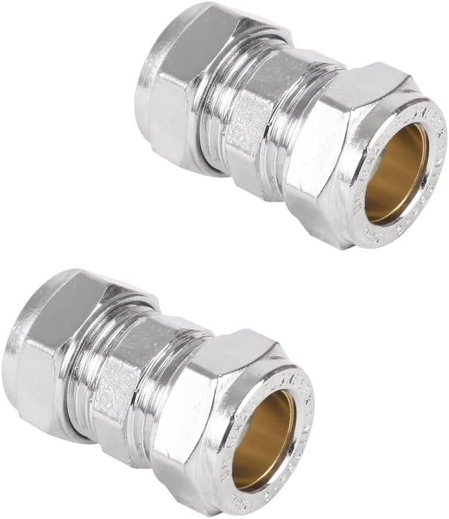 NPH 15mm Chrome Plated Compression Straight Pipe Connectors for Copper Pipe - Pack of 2