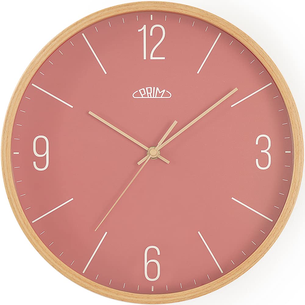 PRIM Wooden Wall Clock in Beautiful Colours, Light Wood and Red, Quartz Movement Sweep, Glass, Wood, Diameter 305 x 40 mm